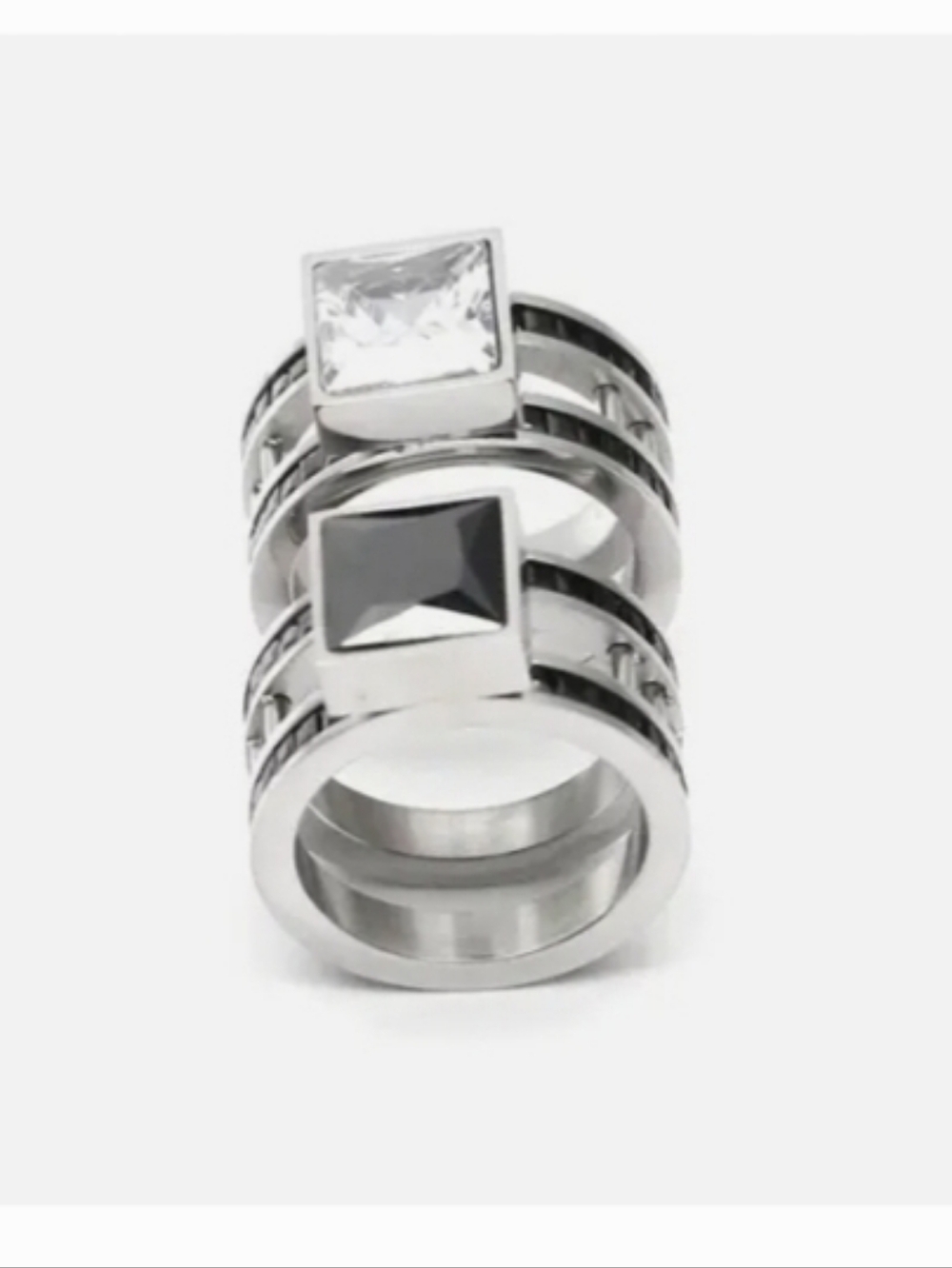 Stacked Stainless Steel Rings with Black and Clear Square Stones